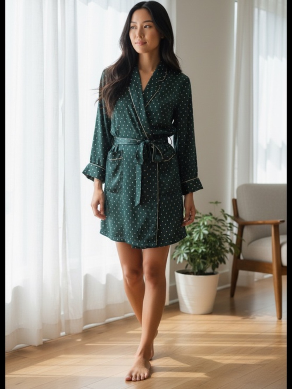 NK iMODE Silk Spandex Emerald Green Polka Dot Robe M Shoulder Pads